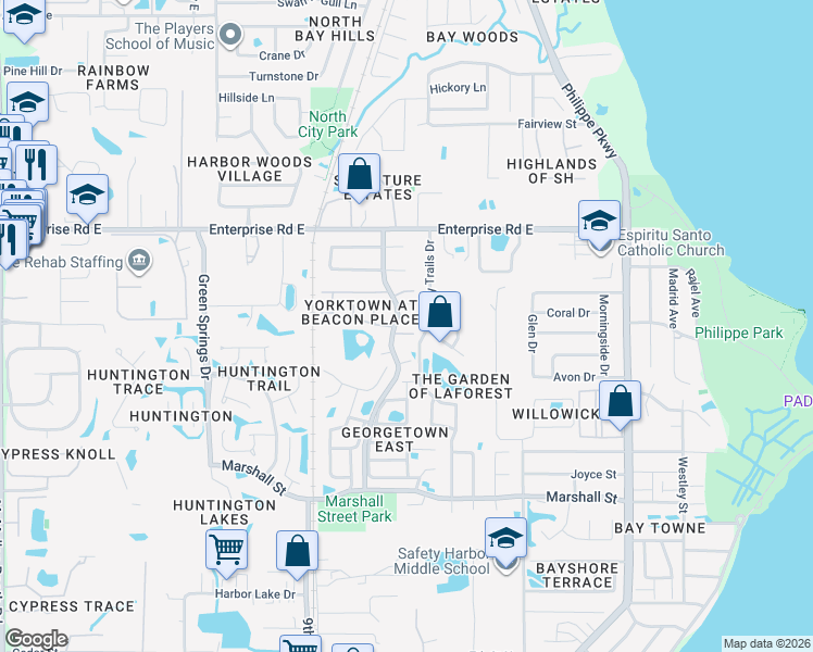 map of restaurants, bars, coffee shops, grocery stores, and more near 600 Summerhill Court in Safety Harbor
