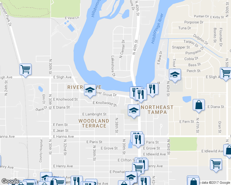 map of restaurants, bars, coffee shops, grocery stores, and more near 3608 River Grove Drive in Tampa