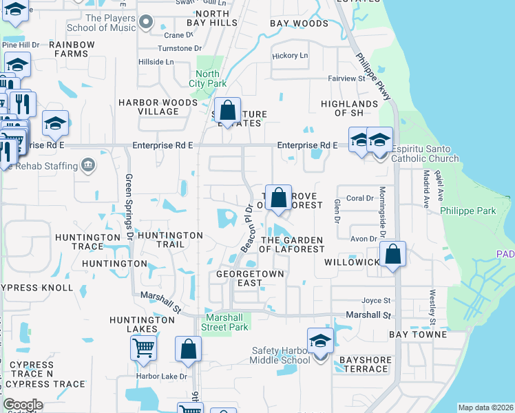 map of restaurants, bars, coffee shops, grocery stores, and more near 515 Tabor Court in Safety Harbor