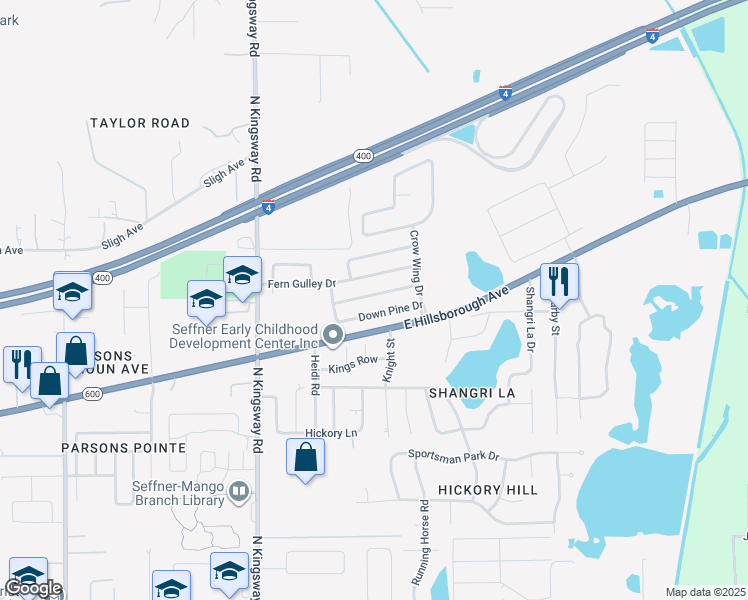 map of restaurants, bars, coffee shops, grocery stores, and more near 419 Thicket Crest Road in Seffner
