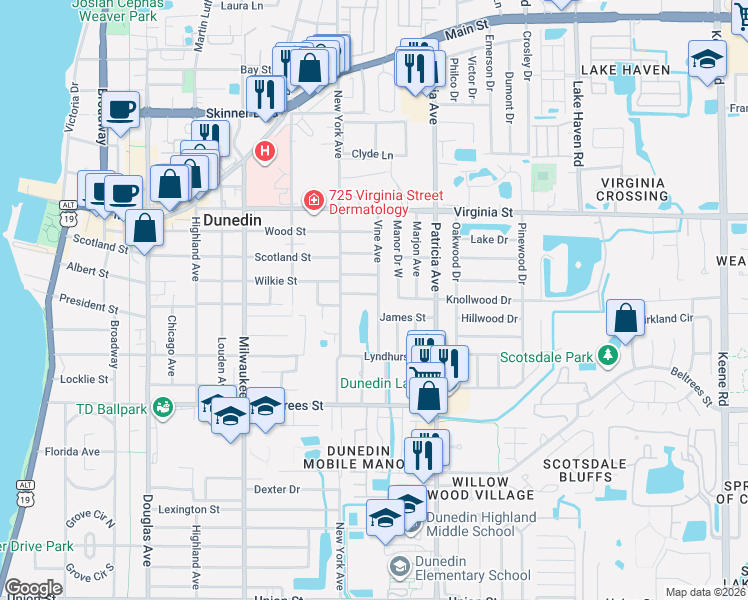 map of restaurants, bars, coffee shops, grocery stores, and more near 656 Manor Drive West in Dunedin