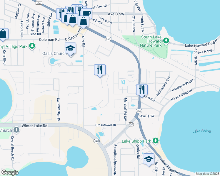 map of restaurants, bars, coffee shops, grocery stores, and more near 256 Kings Pond Avenue in Winter Haven