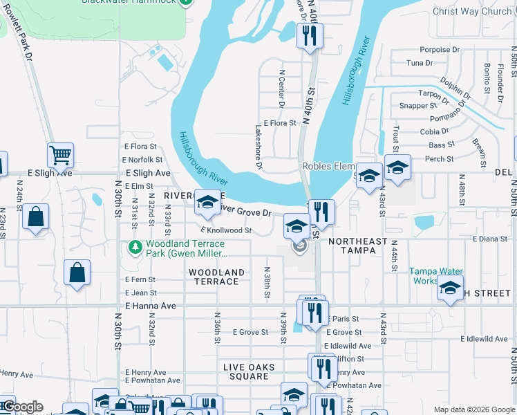 map of restaurants, bars, coffee shops, grocery stores, and more near 3608 River Grove Drive in Tampa