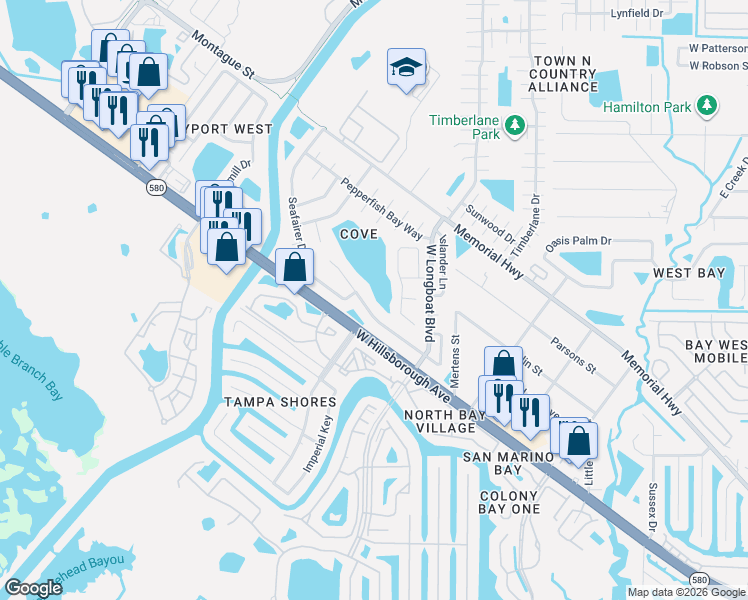 map of restaurants, bars, coffee shops, grocery stores, and more near 10705 Out Island Drive in Tampa