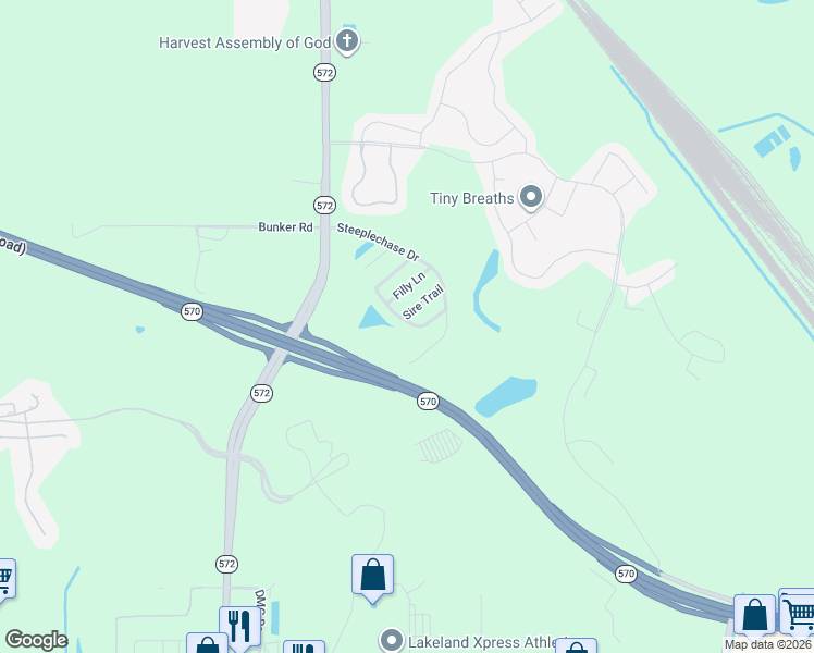 map of restaurants, bars, coffee shops, grocery stores, and more near 3081 Sire Trail in Lakeland