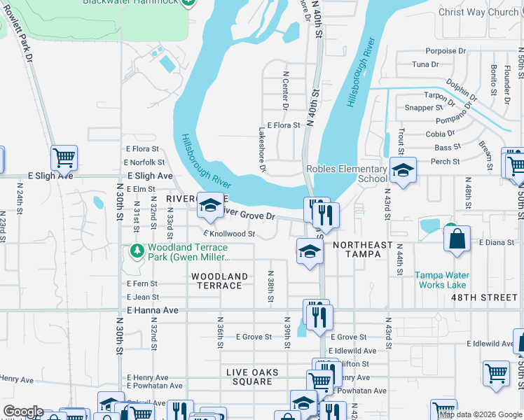 map of restaurants, bars, coffee shops, grocery stores, and more near 3608 River Grove Drive in Tampa