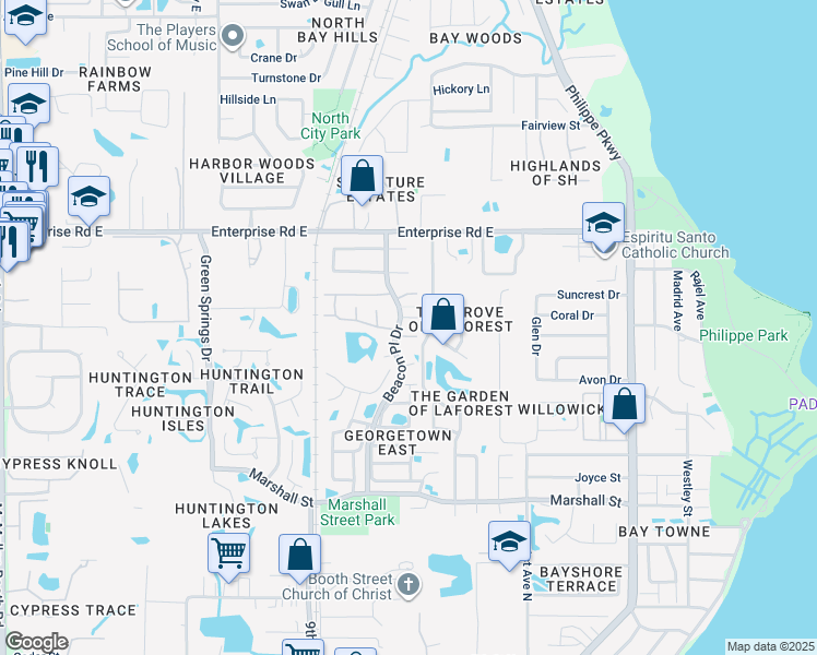 map of restaurants, bars, coffee shops, grocery stores, and more near 600 Fairmont Avenue in Safety Harbor