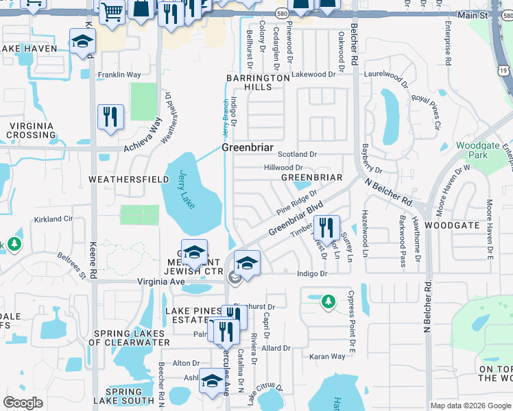 map of restaurants, bars, coffee shops, grocery stores, and more near 2026 High Ridge Drive in Clearwater