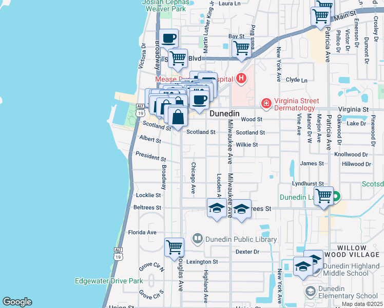 map of restaurants, bars, coffee shops, grocery stores, and more near 443 Cottage Lane in Dunedin