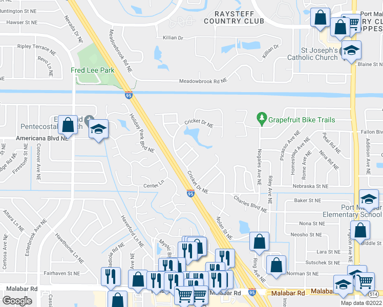 map of restaurants, bars, coffee shops, grocery stores, and more near 495 Foam Lane Northeast in Palm Bay