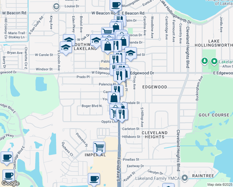 map of restaurants, bars, coffee shops, grocery stores, and more near 2939 Florida Avenue South in Lakeland