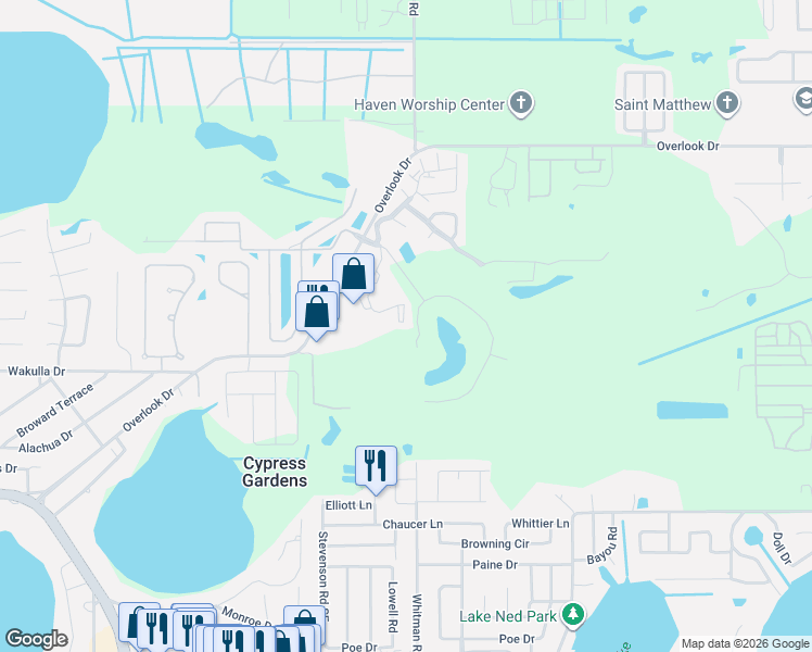 map of restaurants, bars, coffee shops, grocery stores, and more near 400 El Camino Drive in Winter Haven