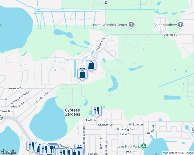 map of restaurants, bars, coffee shops, grocery stores, and more near 800 Martinique Drive in Winter Haven