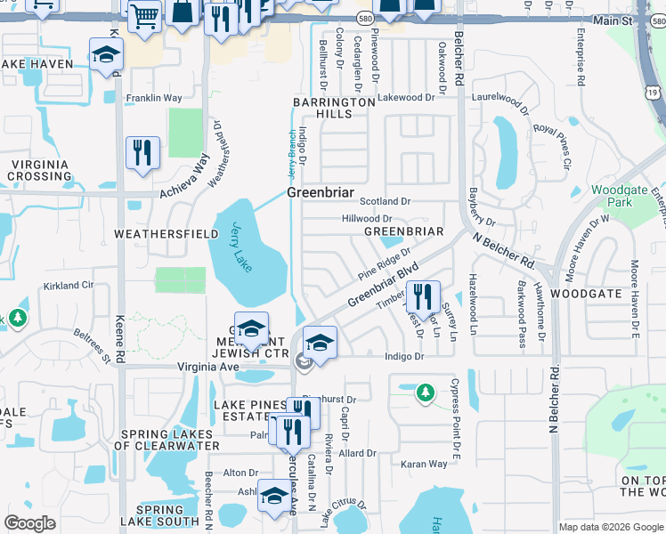 map of restaurants, bars, coffee shops, grocery stores, and more near 2026 High Ridge Drive in Clearwater