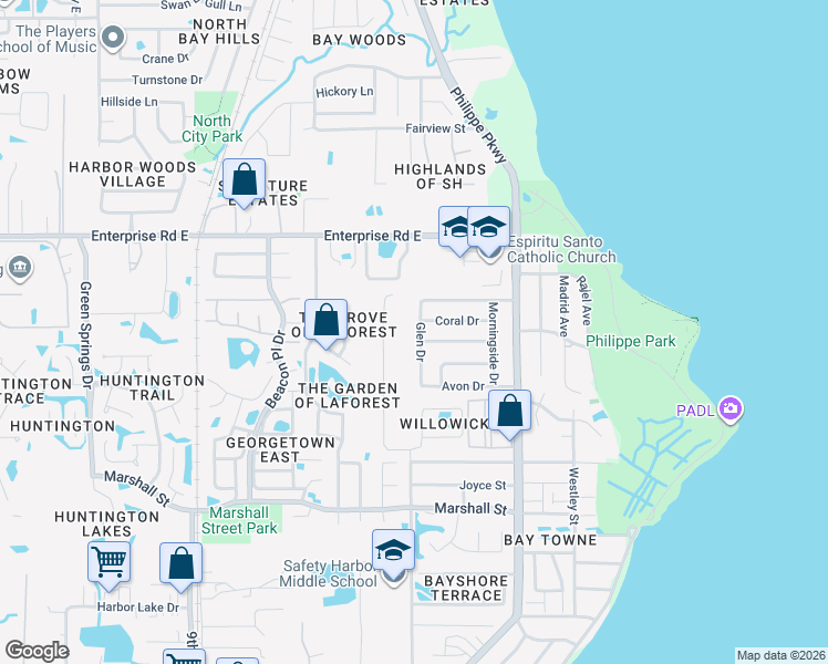 map of restaurants, bars, coffee shops, grocery stores, and more near 2195 Glen Drive in Safety Harbor