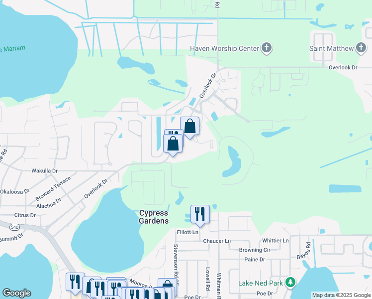 map of restaurants, bars, coffee shops, grocery stores, and more near 825 Orchid Springs Drive in Winter Haven