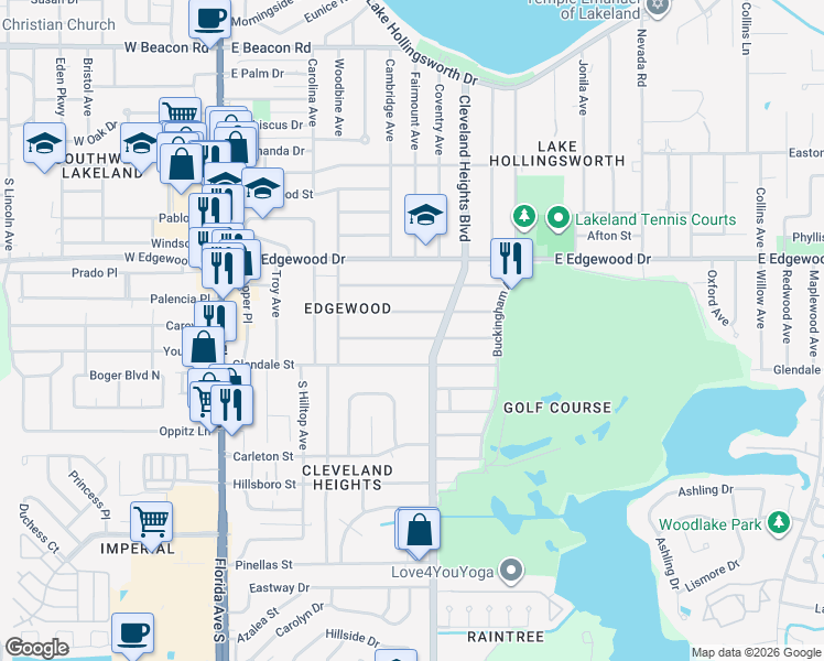 map of restaurants, bars, coffee shops, grocery stores, and more near 730 Kensington Street in Lakeland