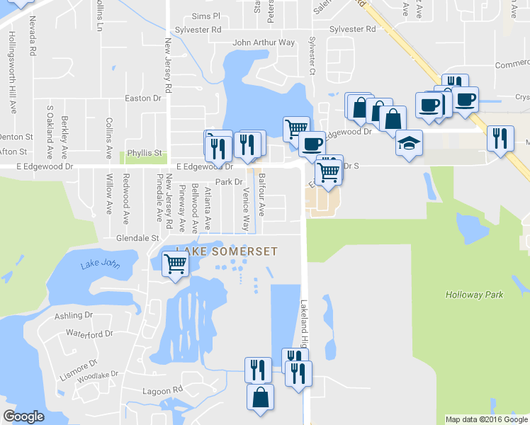 map of restaurants, bars, coffee shops, grocery stores, and more near 1905 Brittany Drive in Lakeland