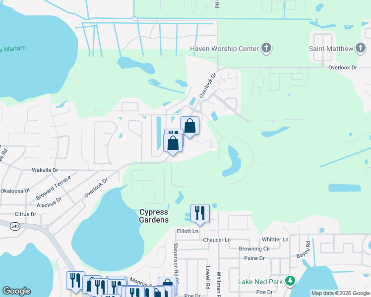 map of restaurants, bars, coffee shops, grocery stores, and more near 800 Martinique Drive in Winter Haven