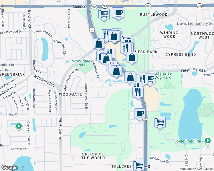 map of restaurants, bars, coffee shops, grocery stores, and more near 2451 Enterprise Road in Clearwater