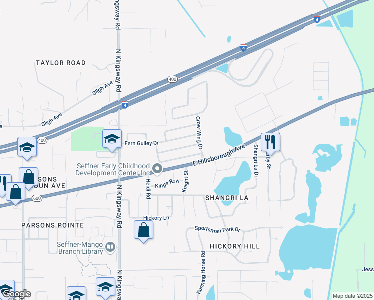 map of restaurants, bars, coffee shops, grocery stores, and more near 419 Fern Gulley Drive in Seffner