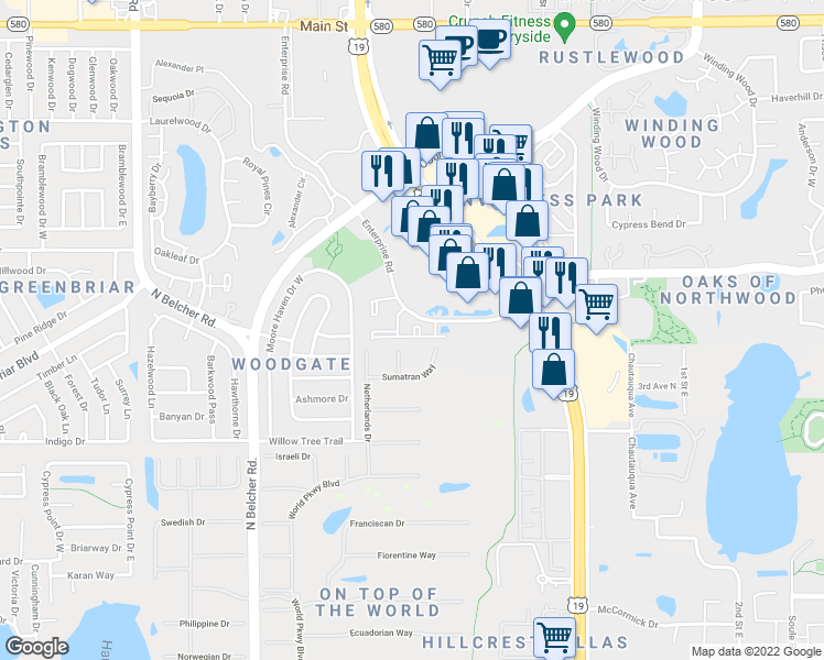 map of restaurants, bars, coffee shops, grocery stores, and more near 2451 Enterprise Road in Clearwater