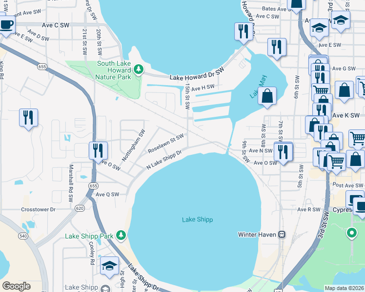 map of restaurants, bars, coffee shops, grocery stores, and more near 1532 Roselawn Street Southwest in Winter Haven