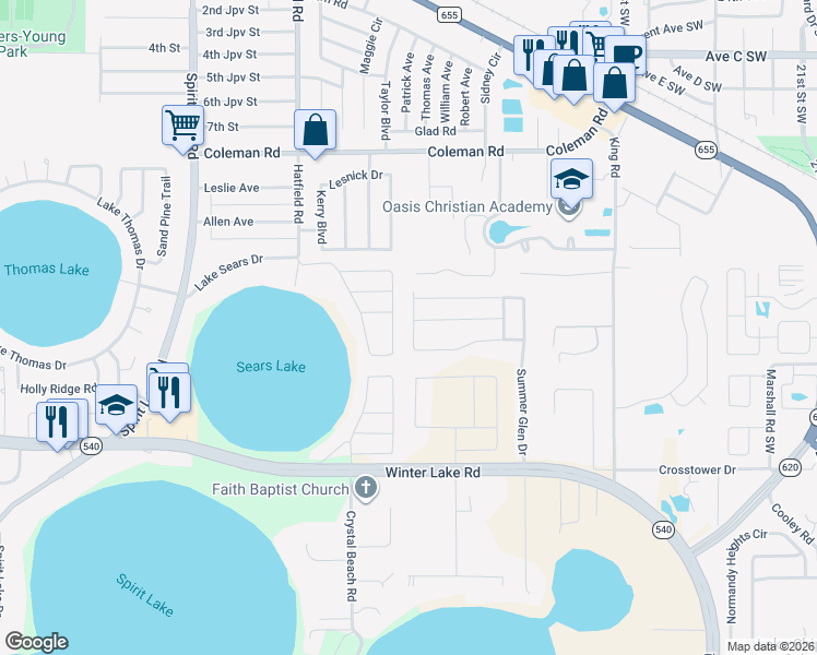 map of restaurants, bars, coffee shops, grocery stores, and more near 835 Sunset Cove Drive in Winter Haven