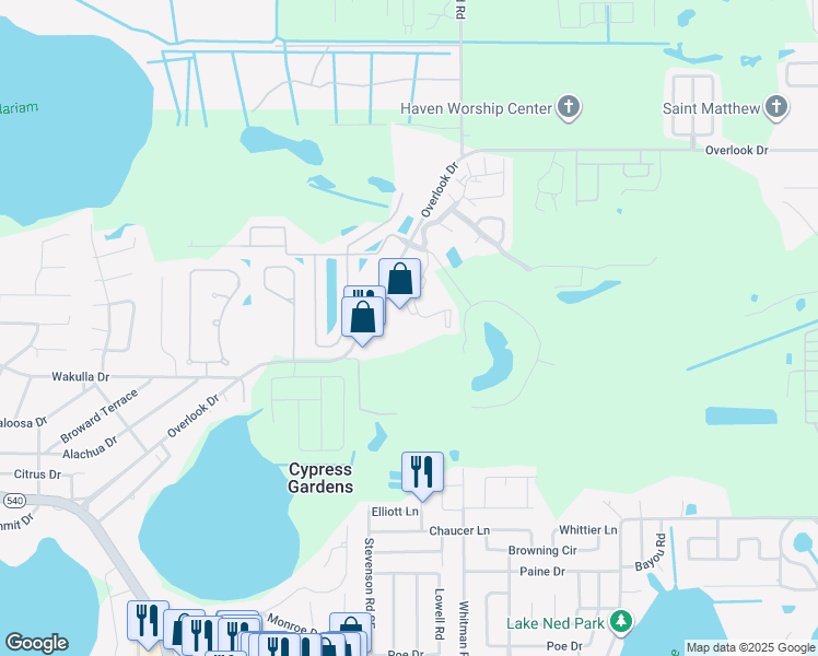 map of restaurants, bars, coffee shops, grocery stores, and more near 800 Martinique Drive in Winter Haven