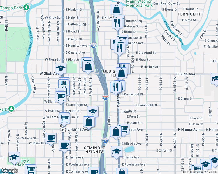map of restaurants, bars, coffee shops, grocery stores, and more near 805 East Elm Street in Tampa