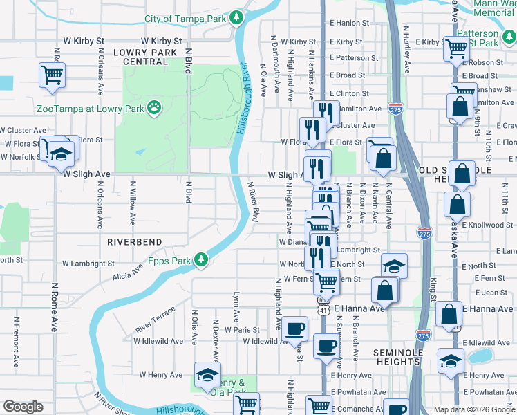 map of restaurants, bars, coffee shops, grocery stores, and more near 6800 North River Boulevard in Tampa