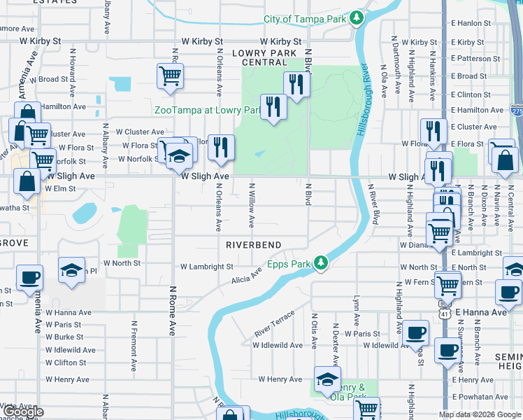 map of restaurants, bars, coffee shops, grocery stores, and more near 923 West Hiawatha Street in Tampa