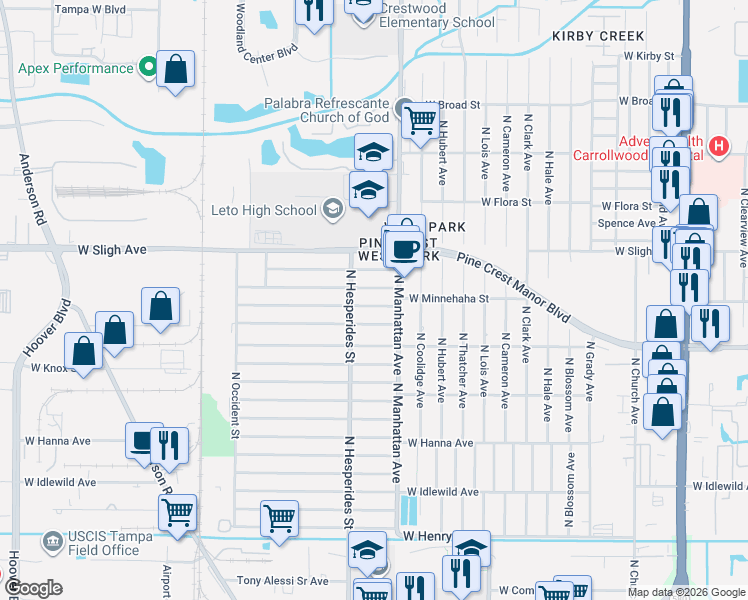 map of restaurants, bars, coffee shops, grocery stores, and more near 4405 West Hiawatha Street in Tampa