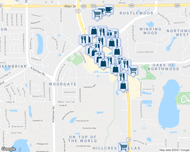 map of restaurants, bars, coffee shops, grocery stores, and more near 2451 Enterprise Road in Clearwater