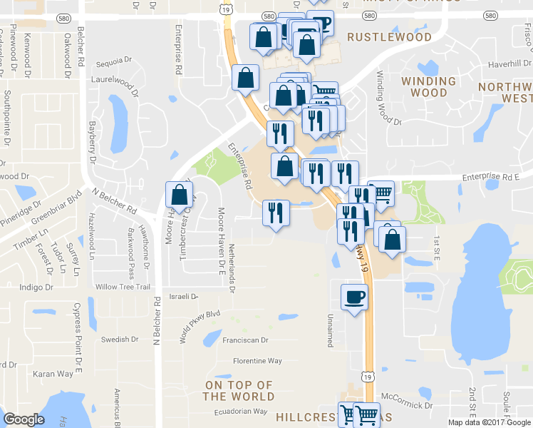 map of restaurants, bars, coffee shops, grocery stores, and more near 2451 Enterprise Road in Clearwater
