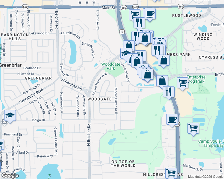 map of restaurants, bars, coffee shops, grocery stores, and more near 2450 Moore Haven Drive East in Clearwater