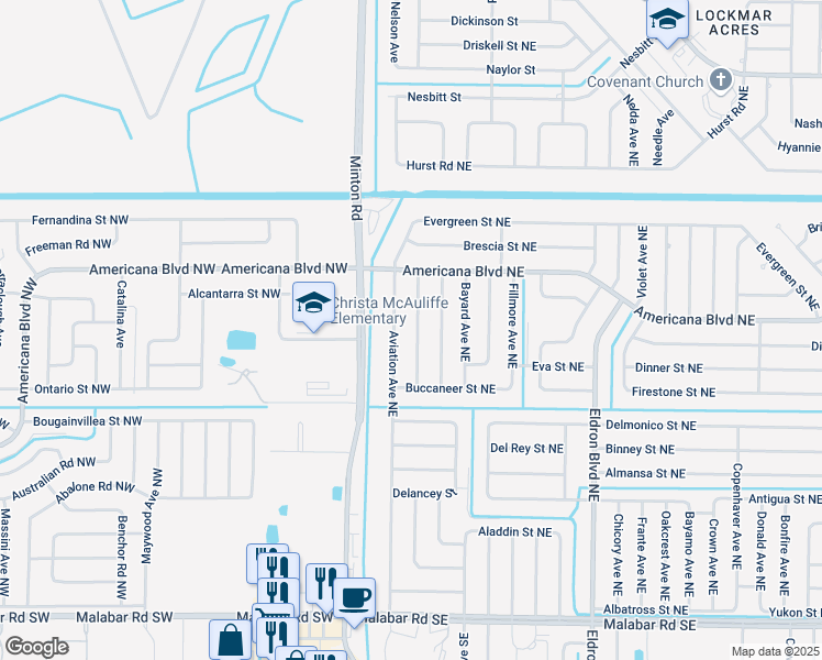 map of restaurants, bars, coffee shops, grocery stores, and more near 472 Veronica Avenue Northeast in Palm Bay