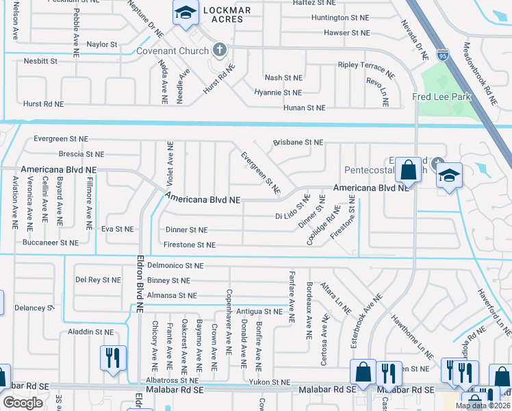 map of restaurants, bars, coffee shops, grocery stores, and more near 635 Americana Boulevard Northeast in Palm Bay