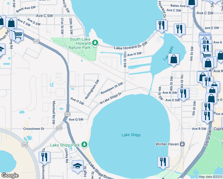 map of restaurants, bars, coffee shops, grocery stores, and more near 1543 Roselawn Street Southwest in Winter Haven