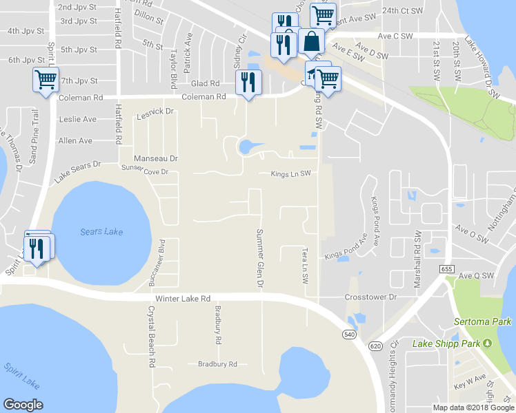 map of restaurants, bars, coffee shops, grocery stores, and more near 891 Summer Glen Drive in Winter Haven