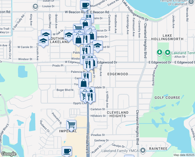 map of restaurants, bars, coffee shops, grocery stores, and more near 3010 Skipper Place in Lakeland