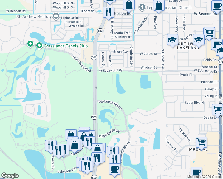 map of restaurants, bars, coffee shops, grocery stores, and more near 2948 Mission Lakes Drive in Lakeland