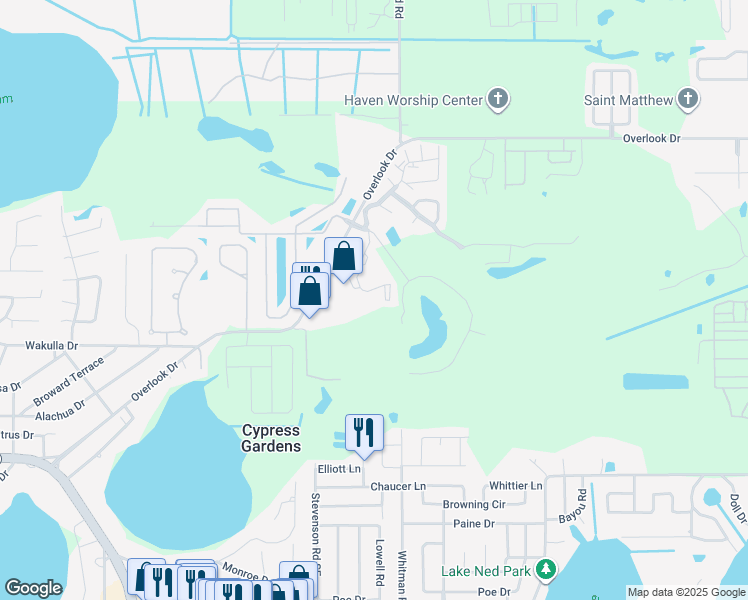 map of restaurants, bars, coffee shops, grocery stores, and more near 1100 Martinique Drive in Winter Haven