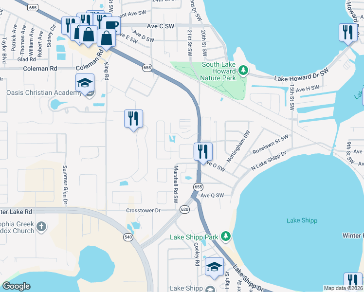 map of restaurants, bars, coffee shops, grocery stores, and more near 911 Sunshine Way Southwest in Winter Haven