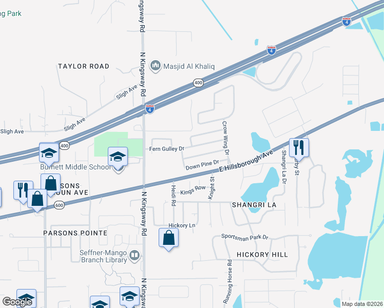 map of restaurants, bars, coffee shops, grocery stores, and more near 401 Fern Gulley Drive in Seffner