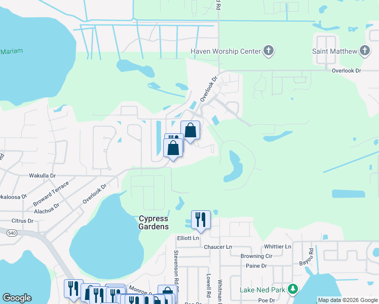 map of restaurants, bars, coffee shops, grocery stores, and more near 800 Martinique Drive in Winter Haven