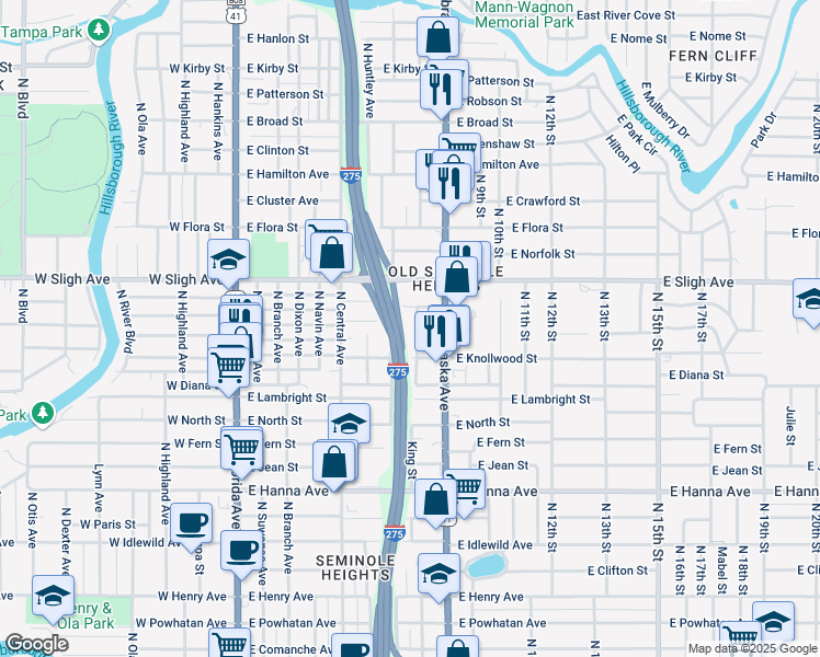 map of restaurants, bars, coffee shops, grocery stores, and more near 805 East Elm Street in Tampa