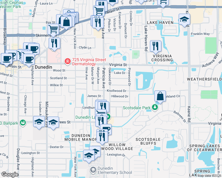map of restaurants, bars, coffee shops, grocery stores, and more near 689 Oakwood Drive in Dunedin