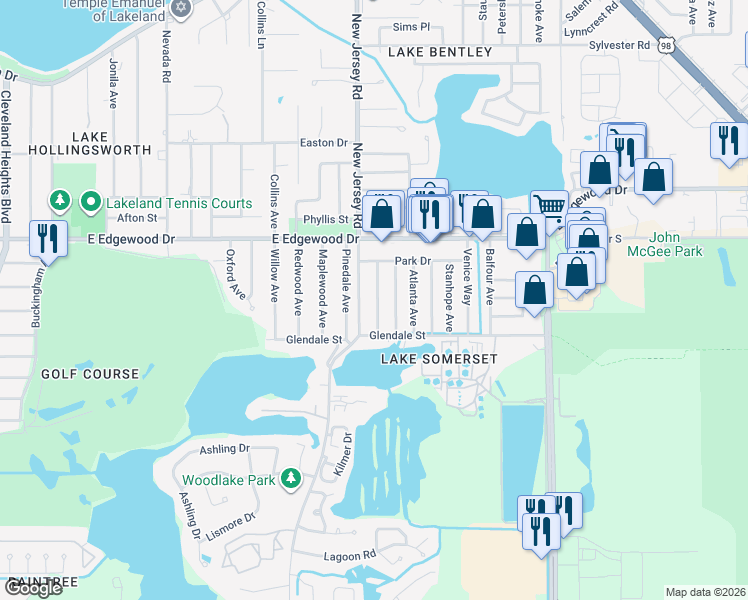 map of restaurants, bars, coffee shops, grocery stores, and more near 3003 Pineway Avenue in Lakeland