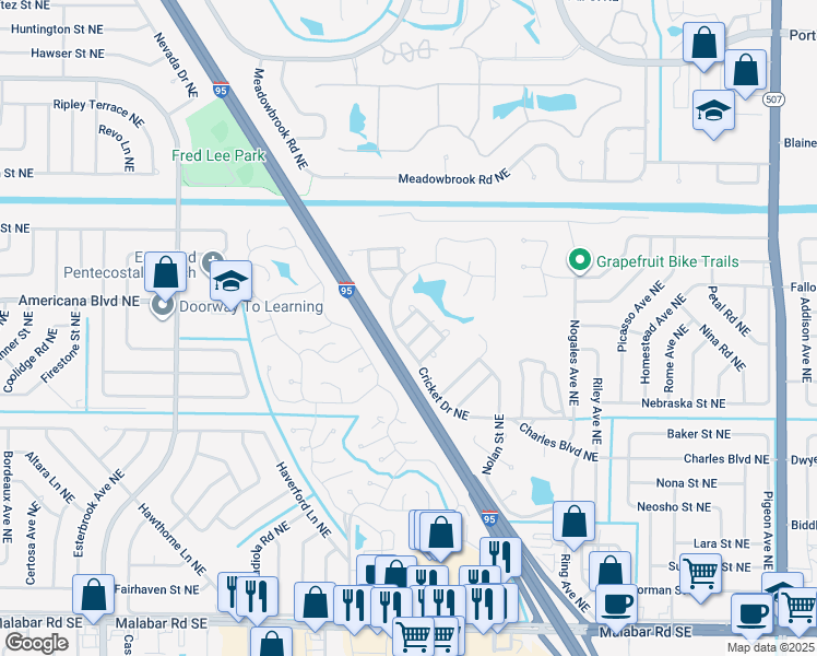map of restaurants, bars, coffee shops, grocery stores, and more near 1201 Linmoor Circle Northeast in Palm Bay